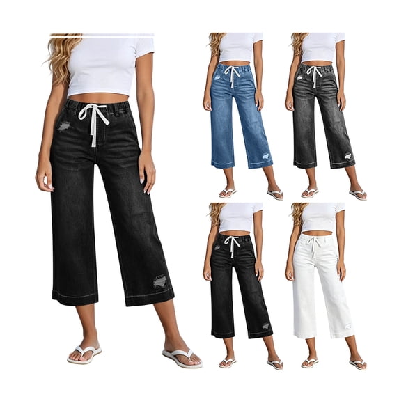 Denim Capris for Women Summer Wide Leg Capri Jeans Baggy Elastic Waist Pull On Stretch Denim Jeans with Pockets
