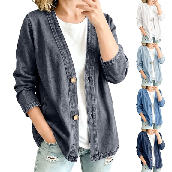 Denim Cardigan for Women Lightweight Long Sleeve Open Front Jean Jacket Casual Trendy Loose fit Button up Cardigans