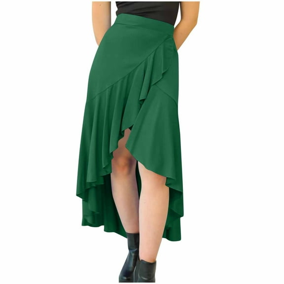 Denim Cargo Skirt High Low Skirts for Women, Ruffle Wrap Elastic Waist Asymmetrical Summer Flowy Midi Beach Skirt Green XL