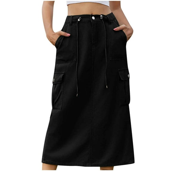 Denim Cargo Skirt Long Long High Waisted Drawstring Midi Skirt Outdoor Travel Jean Skirt with Pockets Black M