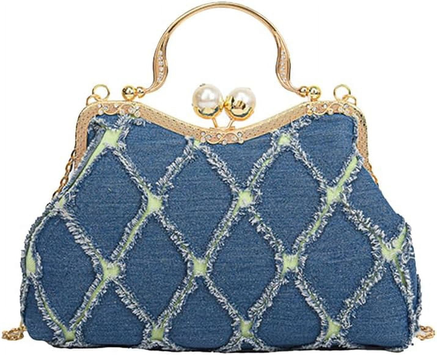 Denim Clutch Bag Women Quilted Evening Bag Bridal Wedding Purse Sparkly  Rhinestone Handbag Beaded Pearl Crossbody Bag