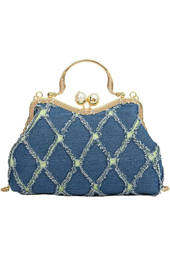 Denim Clutch Bag Women Quilted Evening Bag Bridal Wedding Purse Sparkly Rhinestone Handbag Beaded Pearl Crossbody Bag