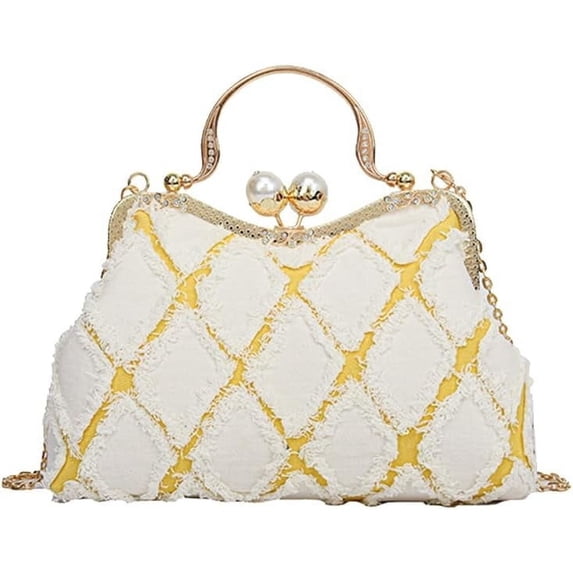 Denim Clutch Bag Women Quilted Evening Bag Bridal Wedding Purse Sparkly Rhinestone Handbag Beaded Pearl Crossbody Bag