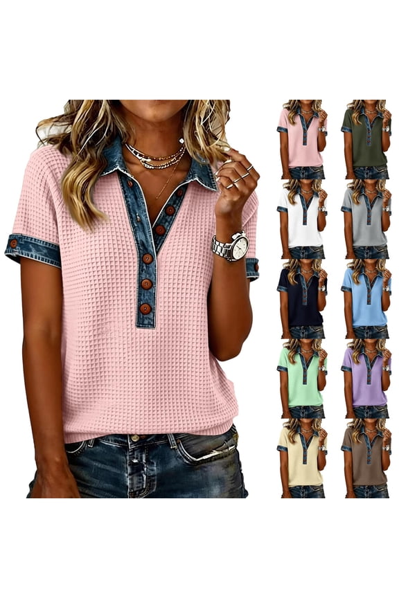 Denim Collar Pullover Sweaters for Women Casual Short Sleeve Waffle Knit Henley Tops Oversized Button Loose Fit Shirts, M