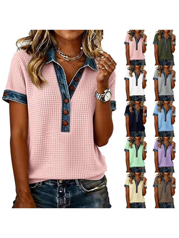 Denim Collar Pullover Sweaters for Women Casual Short Sleeve Waffle Knit Henley Tops Oversized Button Loose Fit Shirts, M