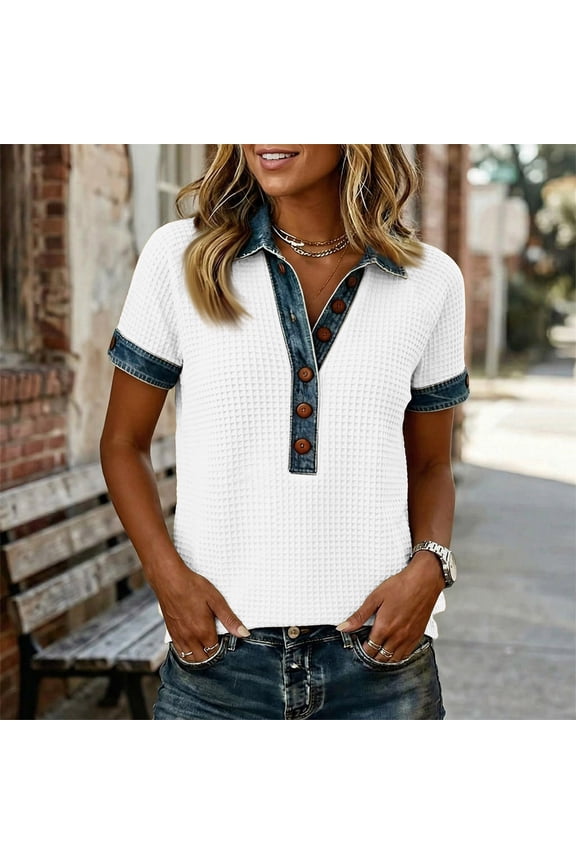 Denim Collar Pullover Tops for Women Casual Short Sleeve Waffle Knit Henley Tops Oversized Button Shirts