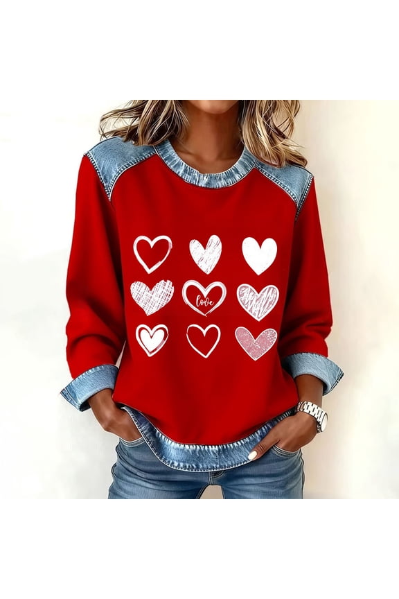 Denim Collar Sweatshirt Valentine's Long Sleeve Tops Jean Sweater Patchwork Sweatshirts Valentines Sweatshirt Love Graphic Shirts Denim Collar Cuff Denim Patchwork Sweatshirts Blue L