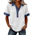 thumbnail image 1 of Denim Collared Shirt Women Short Sleeve Patchwork Denim Button Casual Shirts Business Casual Work Tops Summer Outfits White S, 1 of 5