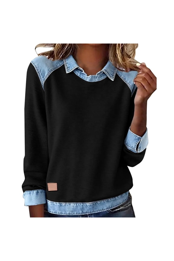 Denim Collared SweaterWomens Denim Shirt Womens Trendy Clothes Bussiness Denim Shirts Collared Denim Shirt Long Sleeve Denim Shirts For Women Sweater With Denim Collar Jean Sweater