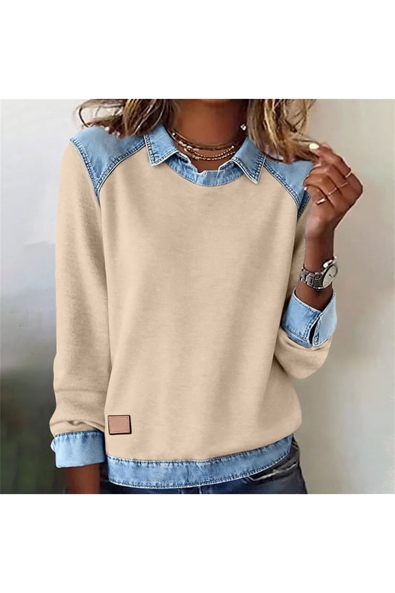Denim Collared Sweatshirt Denim Stitching Collared Tops Denim Pullover Tops Casual Office Outfits Denim Sweatshirt Lapel Collar Pullover Splicing Tshirts Blouses Denim Patchwork Tops Beige 3XL