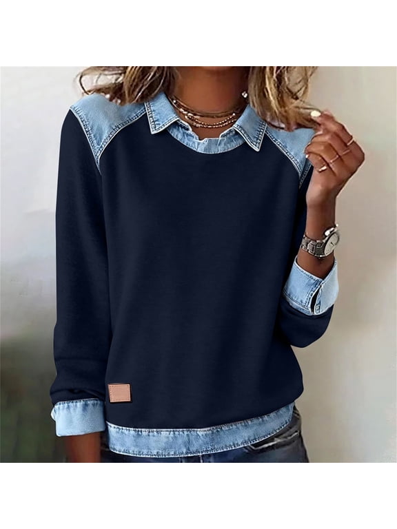Denim Collared Sweatshirt Lounge Workout Outfits Denim Patchwork Tops Denim Pullover Tops Denim Sweatshirt Long Sleeve Henley Shirt Splicing Tshirts Blouses Tunic Tops Womens Sweatshirts Dark Blue L