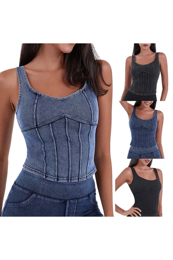 Denim Corset Top For Women Square Neck Jean Crop Tank Tops Sleeveless Bustier Cropped Shirt