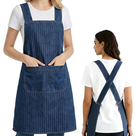 Denim Cotton Cross Back Apron with Front Pocket, Lightweight Durable Stain-Resistant Kitchen Work Apron for Men Women