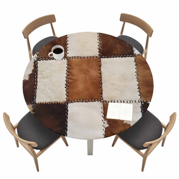 Denim Cow Round Fitted Tablecloth with Elastic Edge Western Cowboy Table Cover Fit for 36"-44" Tables Waterproof Tablecloths for Dinner Camping Picnic