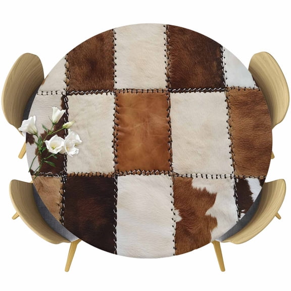 Denim Cow Round Fitted Tablecloth with Elastic Edge, Western Cowboy Stretch Table Covers for 36"-44" Tables Wipeable Table Cloth for Outdoor