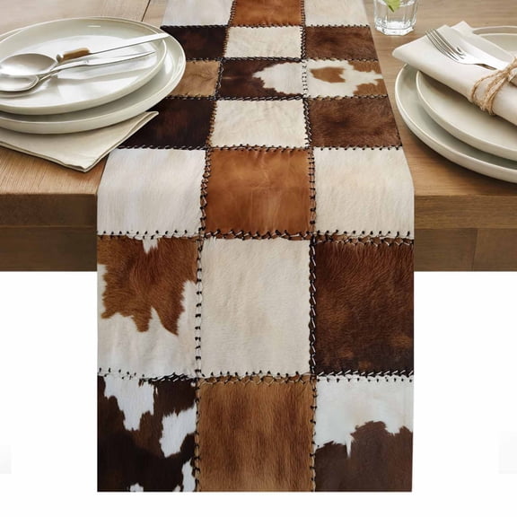 Denim Cow Table Runner 13 x 36 Inch, Western Cowboy Washable Cotton Linen Dining Table Runner Tabletop Decorations for Restaurant Home Kitchen Party