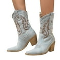 thumbnail image 1 of Denim Cowboy Boots for Women Pointed Toe Western Embroidery Booties Trendy Heeled Mid Calf Cowgirl Boots, 1 of 7