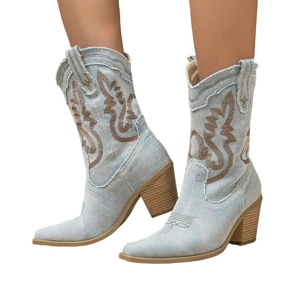 Denim Cowboy Boots for Women Pointed Toe Western Embroidery Booties Trendy Heeled Mid Calf Cowgirl Boots