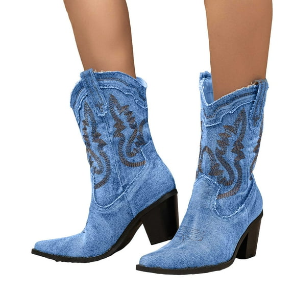 Denim Cowboy Boots for Women Pointed Toe Western Embroidery Booties Trendy Heeled Mid Calf Cowgirl Boots