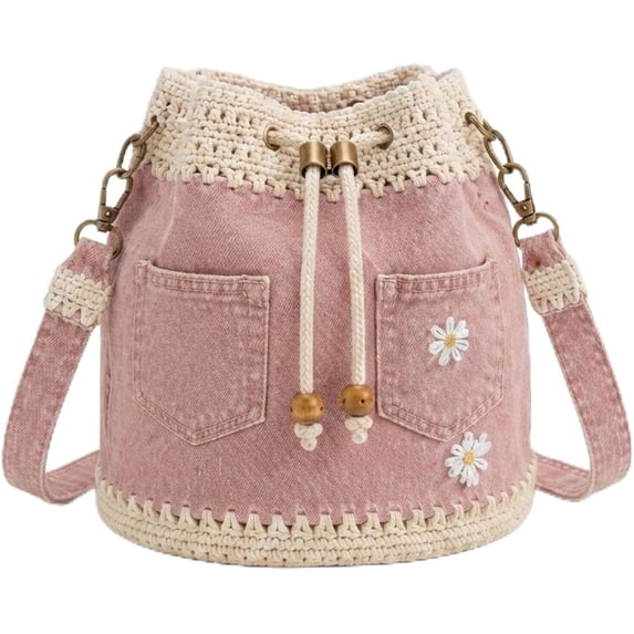 Denim Crochet Bucket Bag, Drawstring Crossbody Shoulder Purse | Boho Denim Handbag for Women, Casual Vintage Tote Bag with Adjustable Strap for Travel, Shopping, Beach & Daily Use
