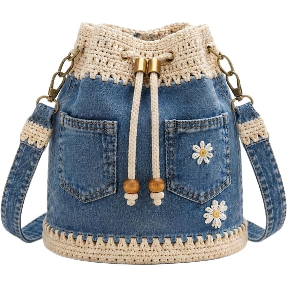 Denim Crochet Bucket Bag, Drawstring Crossbody Shoulder Purse | Boho Denim Handbag for Women, Casual Vintage Tote Bag with Adjustable Strap for Travel, Shopping, Beach & Daily Use