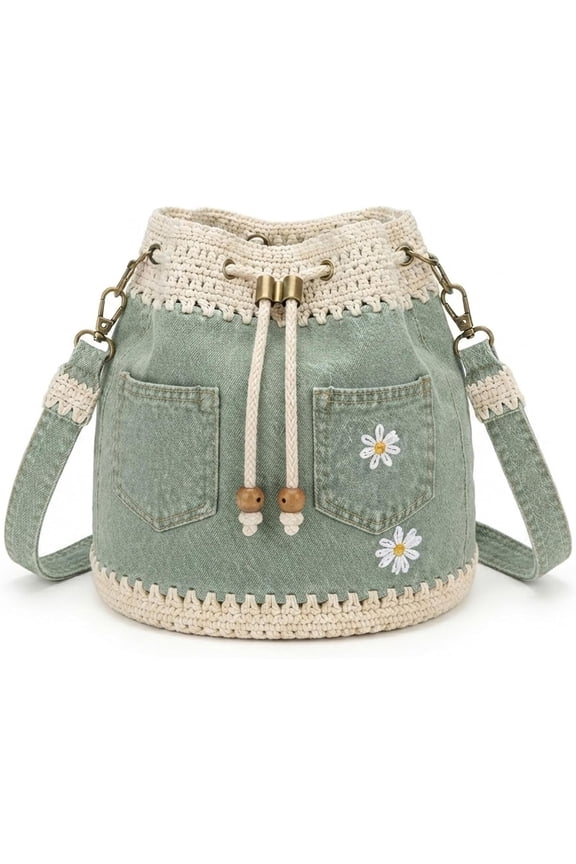 Denim Crochet Bucket Bag, Drawstring Crossbody Shoulder Purse | Boho Denim Handbag for Women, Casual Vintage Tote Bag with Adjustable Strap for Travel, Shopping, Beach & Daily Use