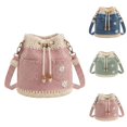 thumbnail image 1 of Denim Crochet Bucket Bag, Drawstring Crossbody Shoulder Purse, Boho Jean Handbag with Daisy Embroidery and Adjustable Strap, 1 of 8