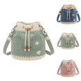 thumbnail image 1 of Denim Crochet Bucket Bag, Drawstring Crossbody Shoulder Purse, Boho Jean Handbag with Daisy Embroidery and Adjustable Strap, 1 of 8