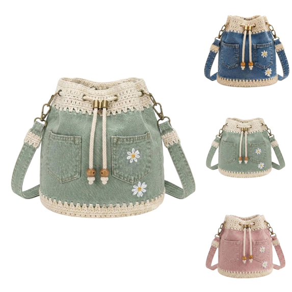 Denim Crochet Bucket Bag, Drawstring Crossbody Shoulder Purse, Boho Jean Handbag with Daisy Embroidery and Adjustable Strap