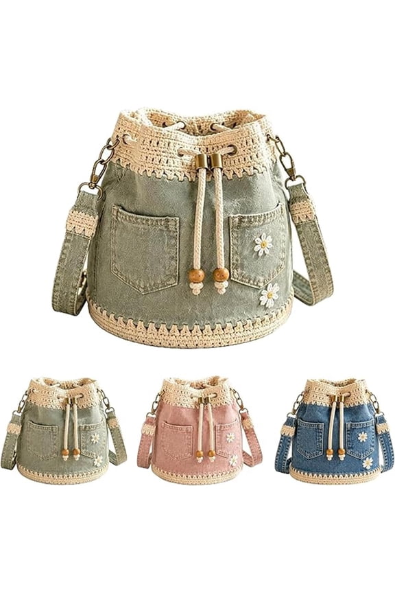 Denim Crochet Bucket Bag, Handmade Drawstring Crossbody Design For Daily Travel, Shopping And Casual Outfits