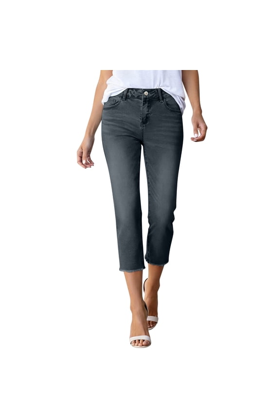 Denim Cropped 3/4 Crop Pockets Stretch Jeans Shorts Capri Pants for Women High Waisted Straight Leg Stretch Denim Three Quarter Length Trousers with Pockets Capris