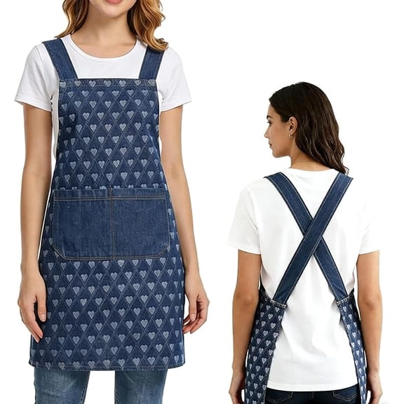 Denim Cross Back Apron, Lightweight Cotton Jean Work Apron with Pockets for Men Women, Durable Stain-Resistant Chef Smock for Kitchen & Garden (K)