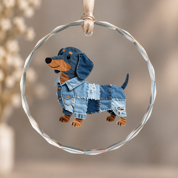Denim Dachshund Dog Patchwork Puppy Vintage Art Ornament, Keepsake Decor, Circle Glass Ornament