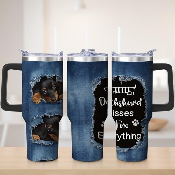 Denim Dachshund Stainless Steel Insulated Mug with Lid and Handle, 30oz