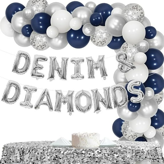 Denim and Diamonds Bachelorette Party Decor Denim & Diamonds Balloon Banner Navy Blue and Silver Balloon Garlands Kit Diamond and Pearls New Jeans Party Supplies for Jewelry Bridal Shower
