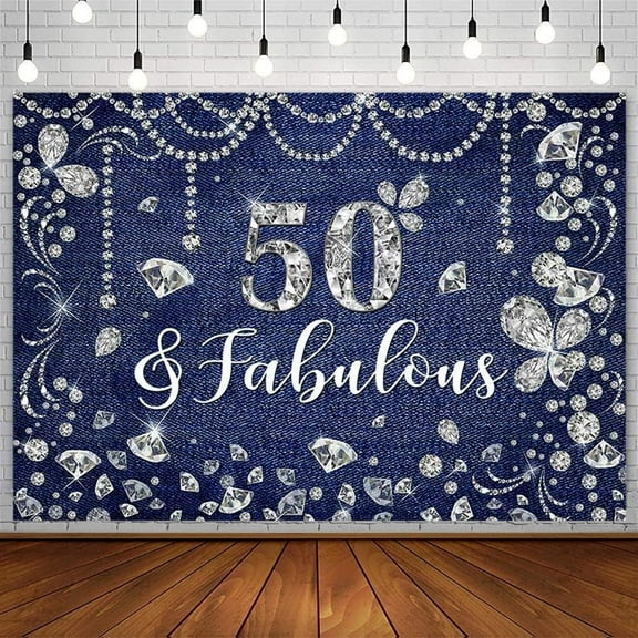 Denim Diamonds Happy 50th Birthday Backdrop for Women Shiny Crystal Diamonds Birthday Party Decorations Happy 50th Bday Photography Background 50 Years Old Bday Banner Photo Props