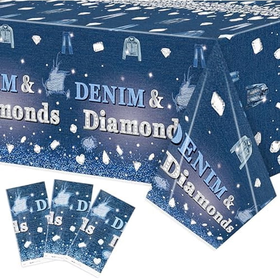 Denim & Diamonds Party Tablecloth - 3PCS Denim Themed Blue Jacket Jeans Plastic Tablecloth, Disposable Jeans Tablecover for Adult, Crystal Birthday Party Supplies for Bachelorette Wedding Decor
