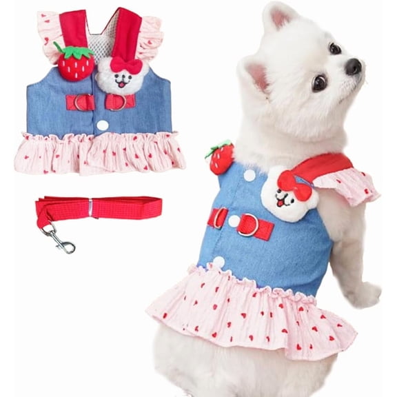 Denim Dog Dress Harness with Leash Set Cute Small Dogs Clothes Girl Heart Patterns Puppy Dresses Breathable Mesh Cat Harness Leash Strawberry Chihuahua Yorkie Outfit (Pink Heart, Small)