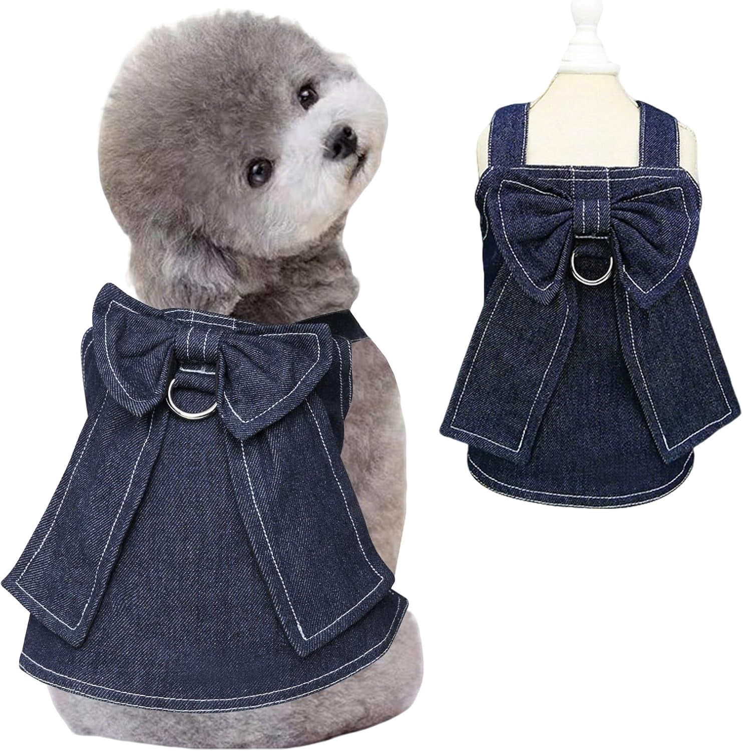 Denim Dog Dresses for Small Dogs Girl with D-Ring and Bow Decor Velcro,Dark Blue XS Girl Dog Clothes for Puppies Cats,Yorkie Chihuahua Clothes,Cute