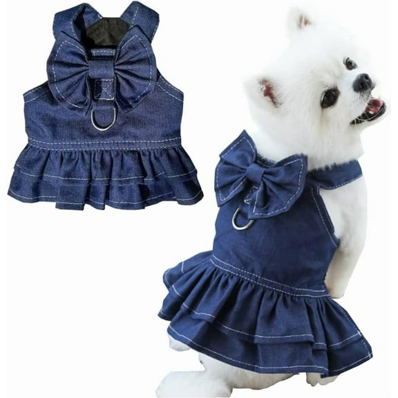 Denim Dog Dresses for Small Dogs Puppy Girl Clothes with Leash Ring and Cute Bow Knot Summer Cat Apparel with D-Ring Blue Girl Dog Clothes (Dark Blue,Small)