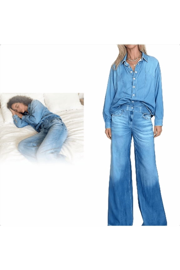 Denim Dreams Pajama Set – Jean Pajamas for Women, Soft Stretch Lounge Wear with Relaxed Wide-Leg Pants, Comfortable Denim-Inspired Pajama Set