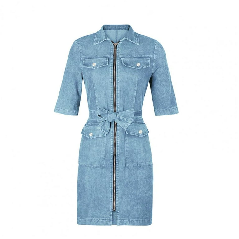 Sweet Elegant Solid Zipper Turndown Collar Short Sleeve Regular Denim Dresses Sweet Elegant Solid Zipper Turndown Collar Short Sleeve Regular Denim Dresses