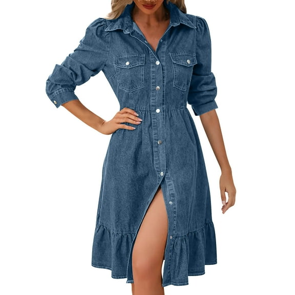 ZQUUVOU Denim Dress For Women Trendy Long Sleeve Button Down Denim Maxi Dress Bodycon Slit Long Jean Dresses Blue