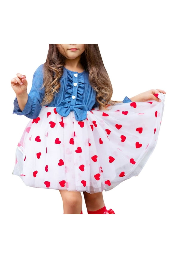 Denim Dress for Girls Size 4 Long Sleeve Button down Red Heart Tulle Tutu Dress 2-6T Cute Back to School Clothes, Blue, 3 Years