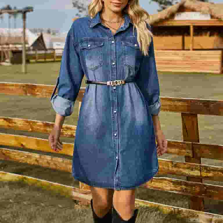 Denim Shirt Button Down Long Shirt Dress Women's Denim Shirt Dress
