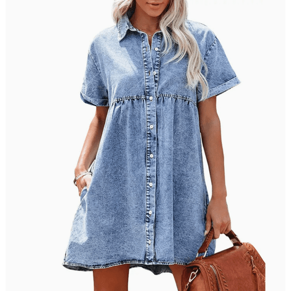Denim Dress for Women Babydoll Tiered Short Sleeve Button Down Jean Shirt Dresses