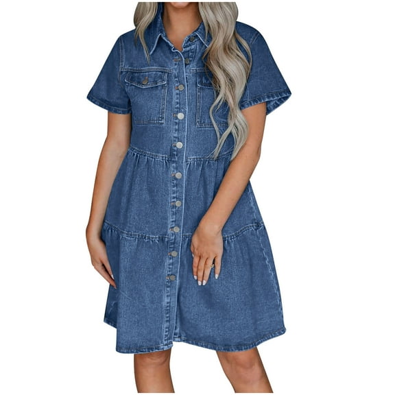 Denim Dress for Women Collar Short Sleeve Babydoll Tiered Mini Skirt Summer Classic Button Down Tunic Flowy Jean Shirt Dresses