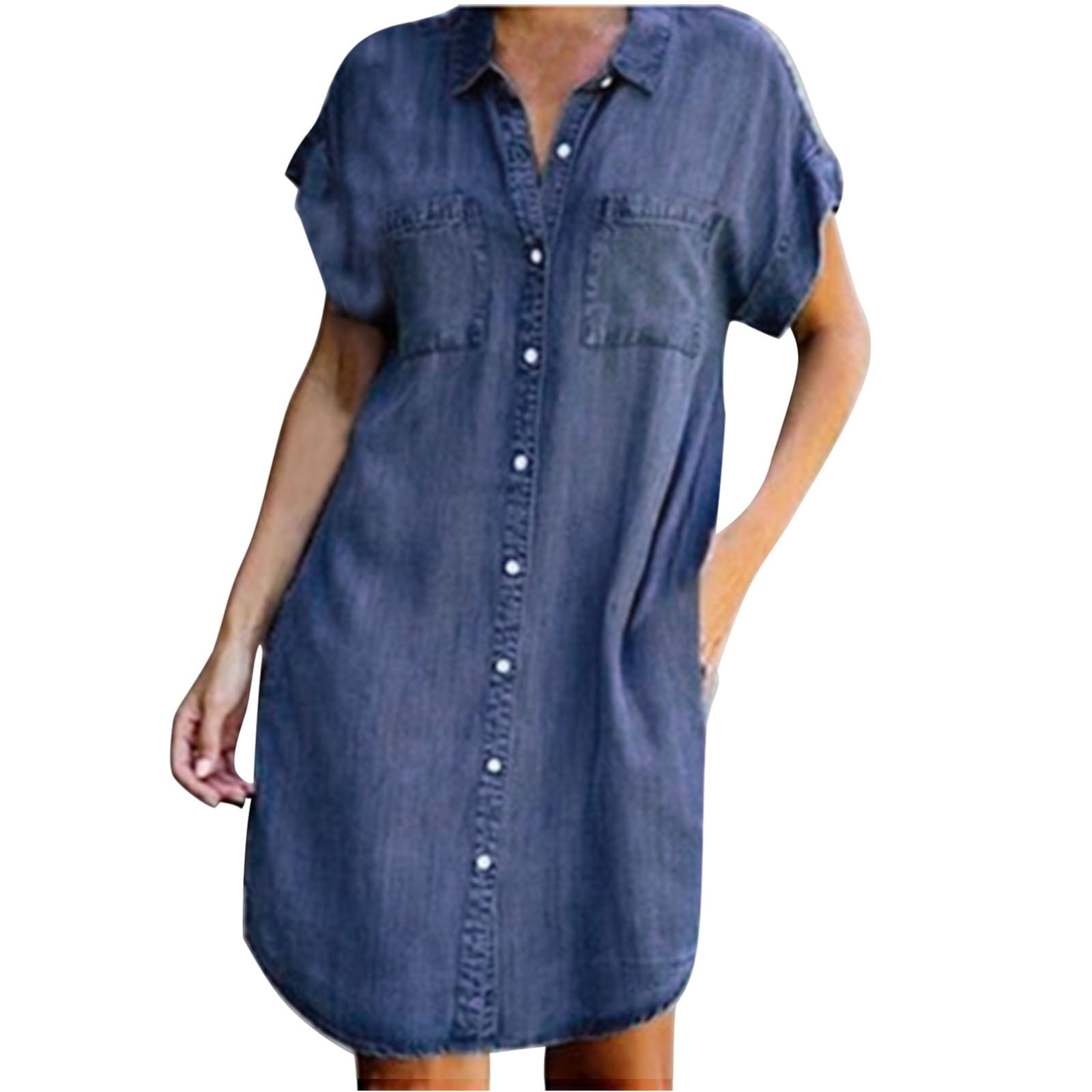 Denim Dress for Women Short Sleeve Slim Midi Dresses with Pockets Solid ...