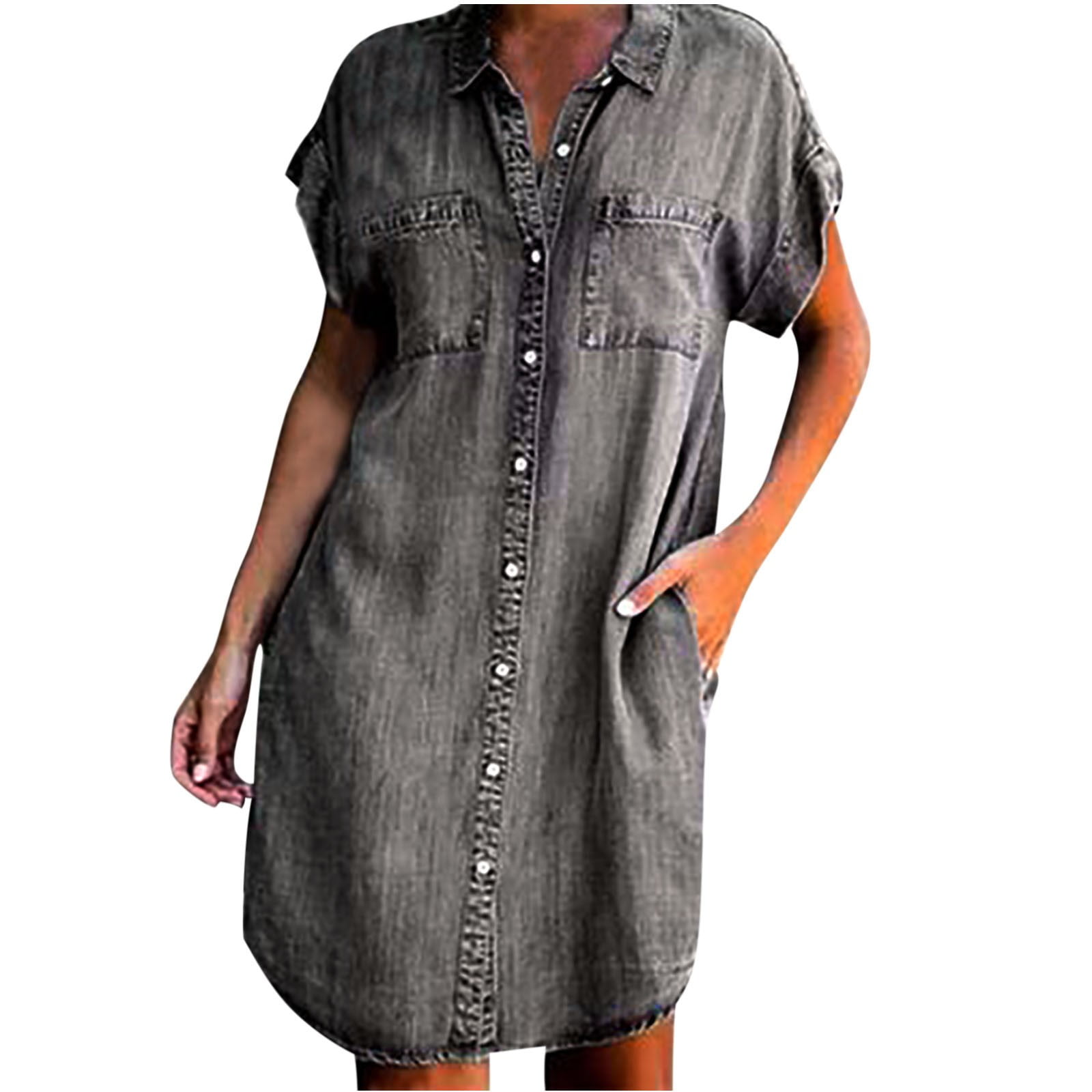 Denim Dress for Women Short Sleeve Slim Midi Dresses with Pockets Solid ...