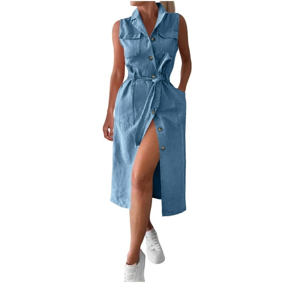 Denim Dress for Women Sleeveless Button Down Belted Jean Shirt Dress Casual Summer Split Front Midi Dresses